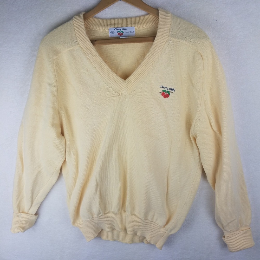 Izod Club Cherry Hills Sweater Womens Medium Yellow Excellent V-Neck Cotton‎ USA